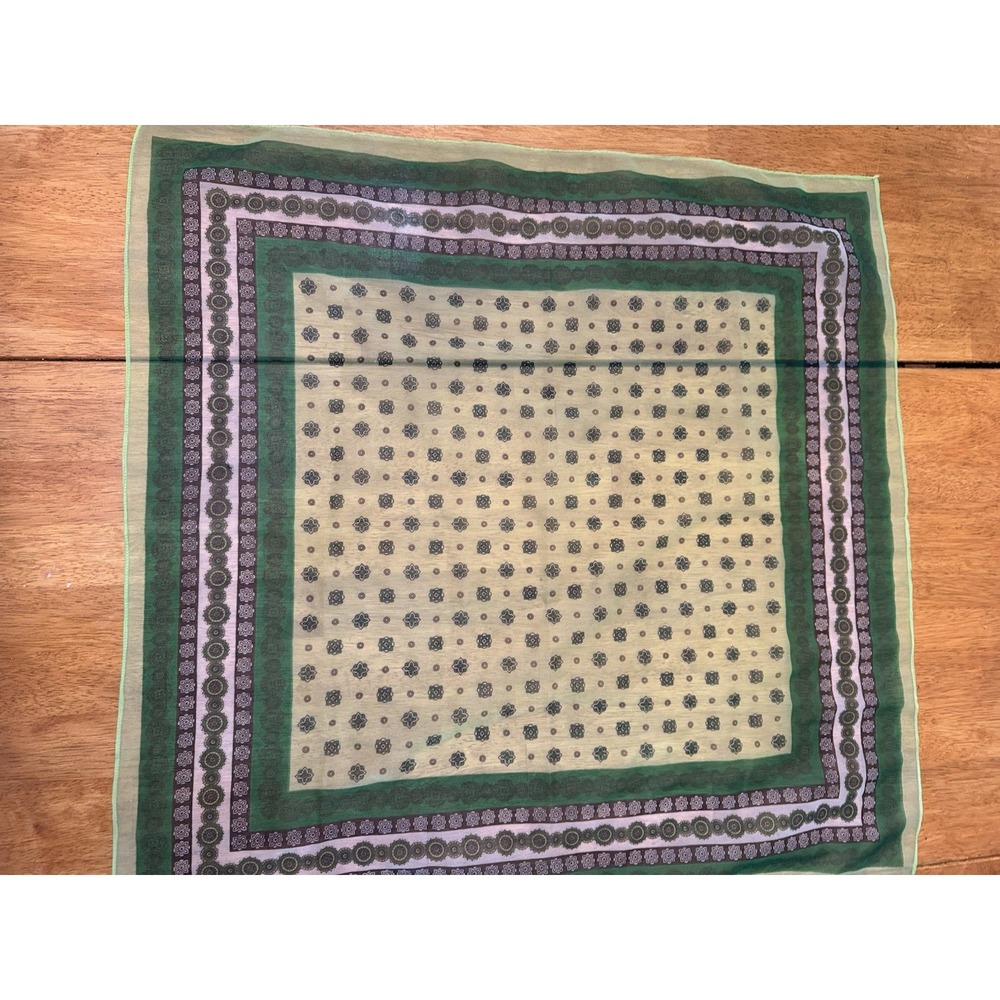 Vintage Sheer Green Print Chiffon Square Scarf 27 x 27 Floral Geometric